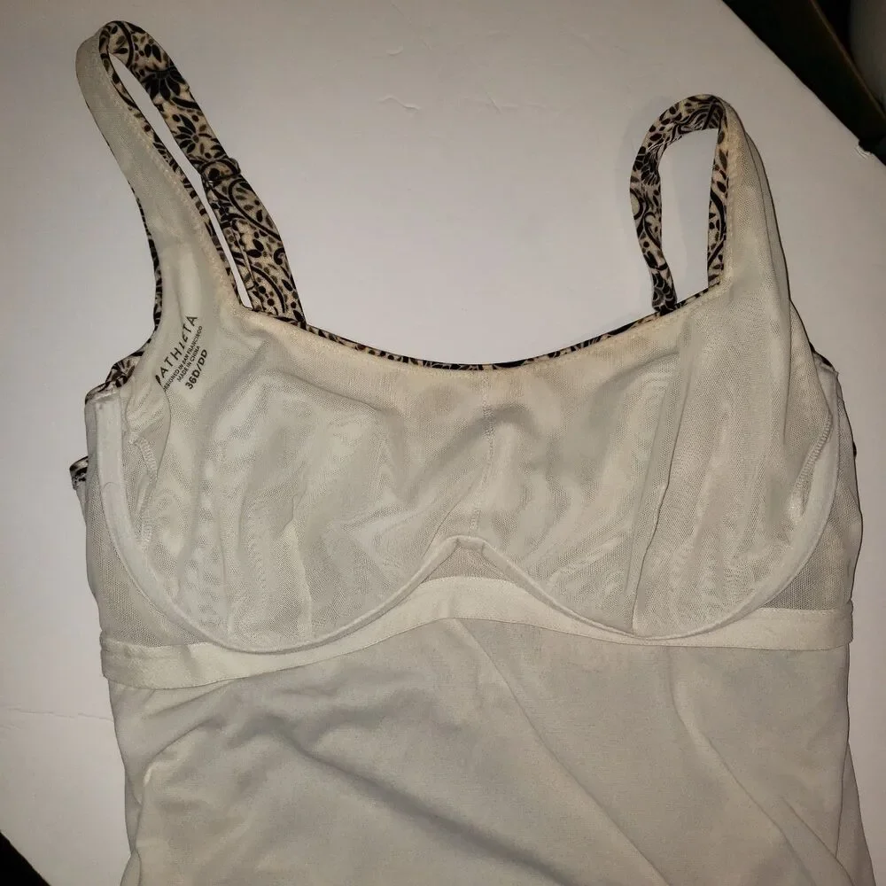Athleta Aqualux Batik Cream Brown and Black Swim Tank Womens Size 36D/DD
